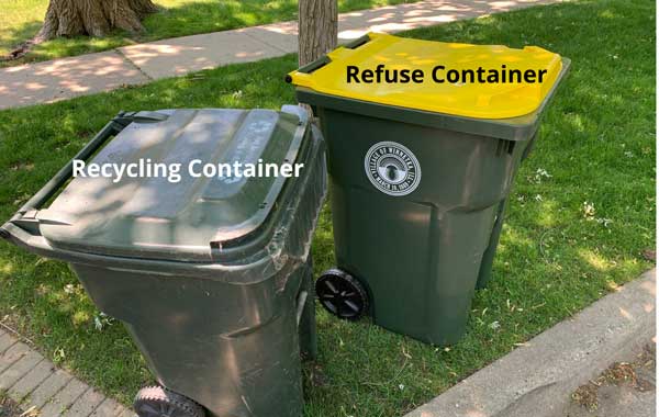 container with a green top (recycling) vs. container with a yellow top (refuse)